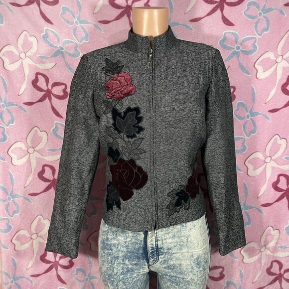 Dressbarn Size 6 Rose Embroidered Zip Up Blazer Jacket - Picture 1 of 10